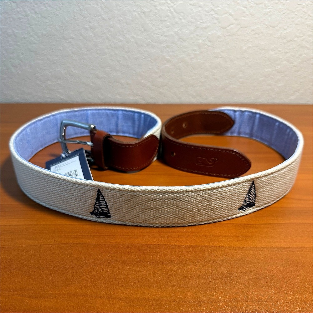 NWT Vineyard Vines Mens Sailboat Canvas Club Belt Stone Leather Trim 40"